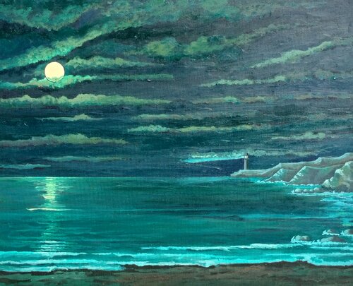 Faro con mar en calma von Marietta Negueruela, Malerei kaufen auf Singulart