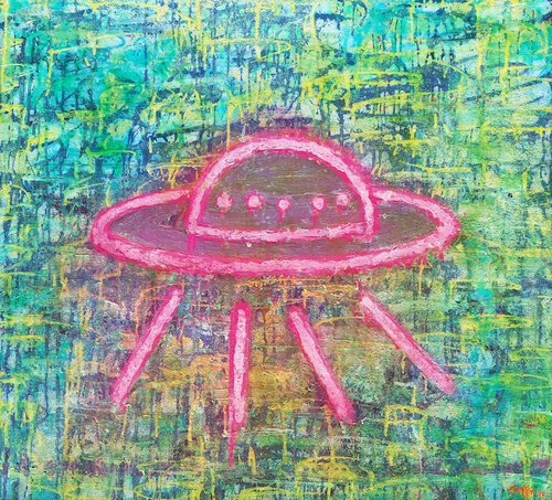 PiNk on GreEn thoughtless  in Abduction by Giuseppe Valia, 회화 for Sale on Singulart