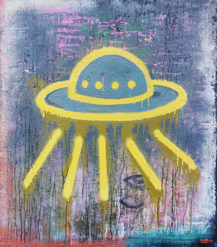 YellOw on GrEy thoughtless  in Abduction by Giuseppe Valia, 회화 for Sale on Singulart