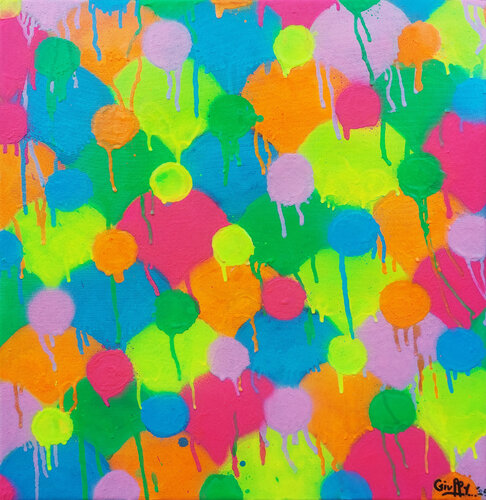 who is who? (fluoRed, fluoyellow, fluocyan, fluogreen, fluoorange) van Giuseppe Valia, Schilderij te koop op Singulart
