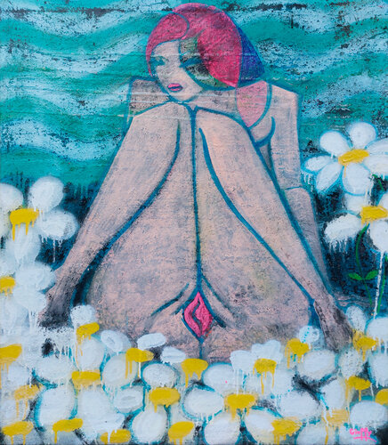 She with red hair among the waves and daisies von Giuseppe Valia, Malerei kaufen auf Singulart