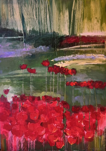 The Poppies Flowers Field de Claudia Kusznirczuk, Pintura a la venta en Singulart