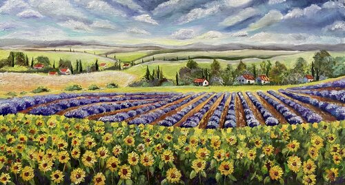 Italian Tuscany. Lavender field and sunflowers. van Anna Pavlovich-Naneva, Schilderij te koop op Singulart