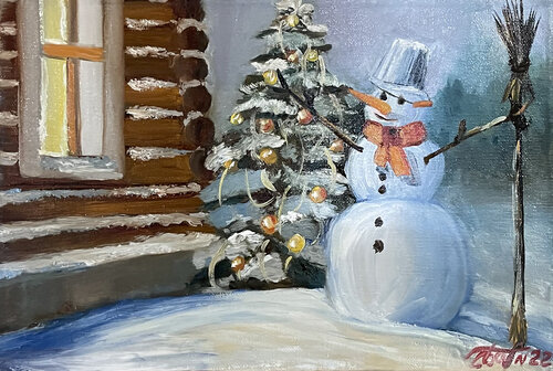 Snowman on a yard van Anna Pavlovich-Naneva, Schilderij te koop op Singulart
