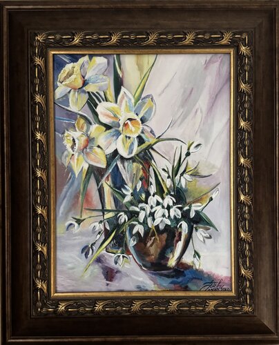 Daffodils and snowdrops de Anna Pavlovich-Naneva, Pintura a la venta en Singulart