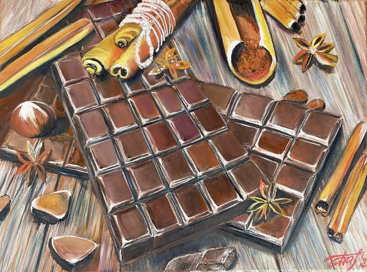 Still life with Chocolate, Cinnamon and Star anise Anna Pavlovich-Naneva Originalgemälde zu verkaufen