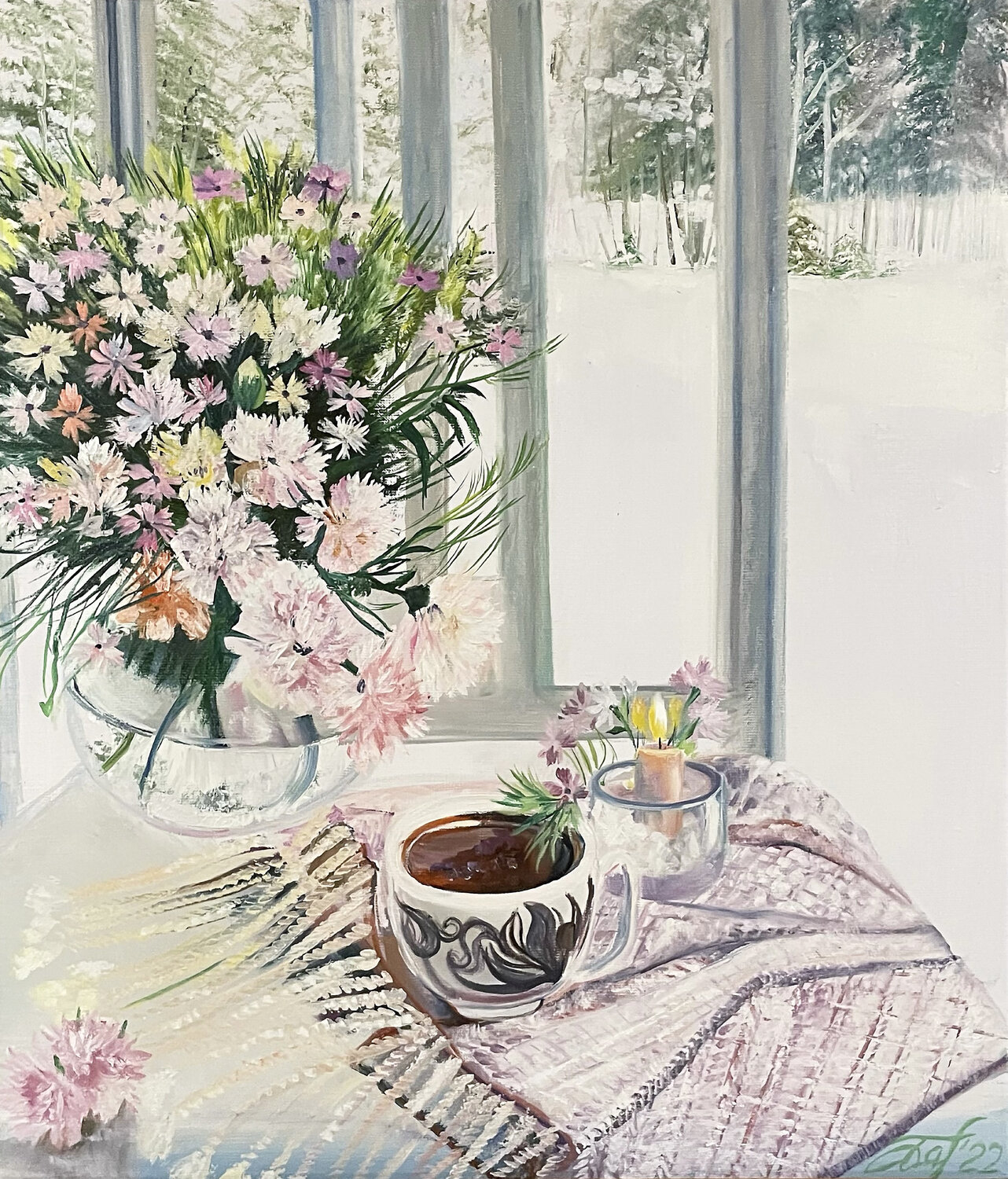 Winter morning. Still life with carnations. Anna Pavlovich-Naneva Originalgemälde zu verkaufen