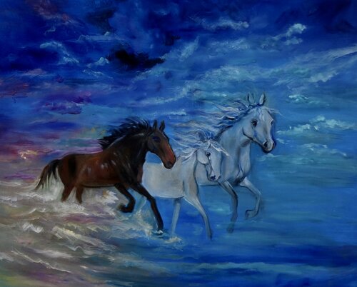 Year of the Horse Wild Horses in the Surf von Jenny Lee, Malerei kaufen auf Singulart