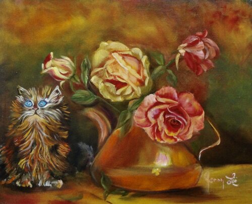 Kitty in the Yellow Roses von Jenny Lee, Malerei kaufen auf Singulart