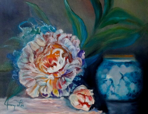 Peonies and an Asian Vase van Jenny Lee, Schilderij te koop op Singulart