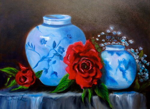 Roses with Blue and White Vases von Jenny Lee, Malerei kaufen auf Singulart