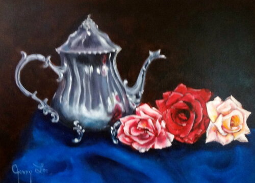 Silver Teapot and Roses von Jenny Lee, Malerei kaufen auf Singulart