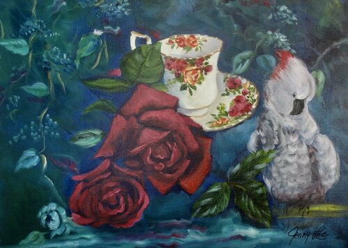 Cockatoo at the Tea Party von Jenny Lee, Malerei kaufen auf Singulart
