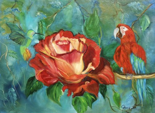 Macaw in the Rose Garden von Jenny Lee, Malerei kaufen auf Singulart