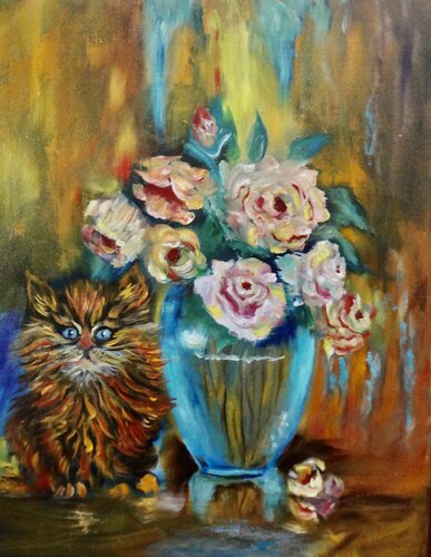 Roses in a Turquoise Vase von Jenny Lee, Malerei kaufen auf Singulart