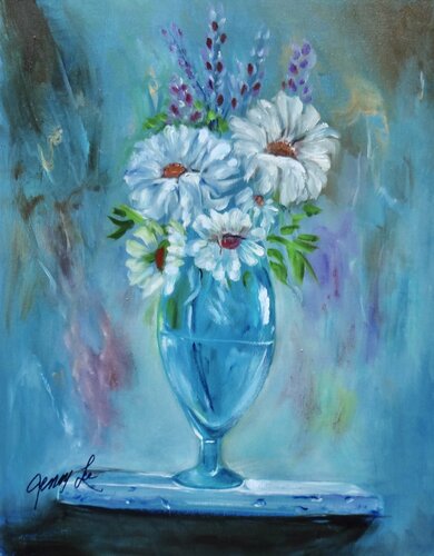 Daisies in Turquoise Glass von Jenny Lee, Malerei kaufen auf Singulart