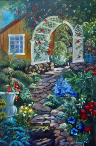 Rose covered Garden Arbor von Jenny Lee, Malerei kaufen auf Singulart