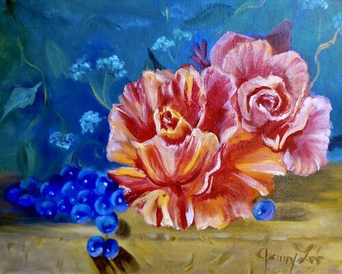 Roses and Grapes on a Ledge von Jenny Lee, Malerei kaufen auf Singulart