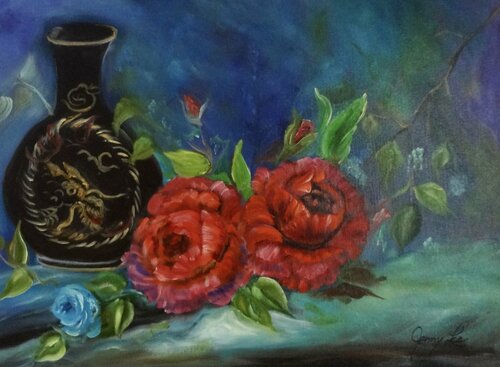 Red Roses and Black Vase Jenny Lee