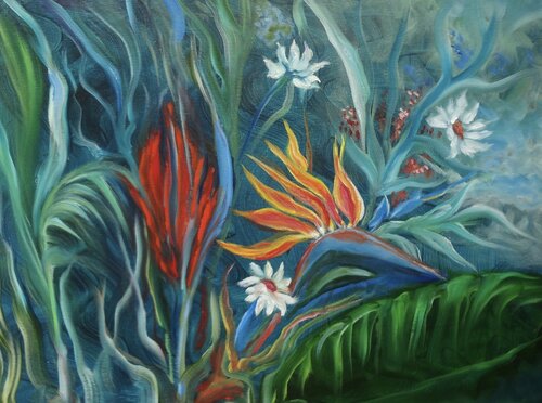 Tropical orange bird of Paradise di Jenny Lee, Pittura in vendita su Singulart