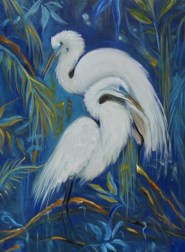 Graceful White Egrets van Jenny Lee, Schilderij te koop op Singulart