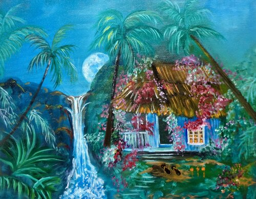 Moonlit Hawaiian Hut van Jenny Lee, Schilderij te koop op Singulart