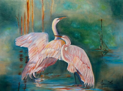 Egrets in the Mist van Jenny Lee, Schilderij te koop op Singulart