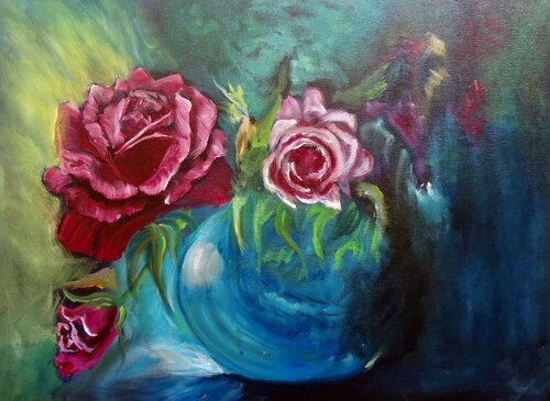 Roses in a Blue Vase van Jenny Lee, Schilderij te koop op Singulart