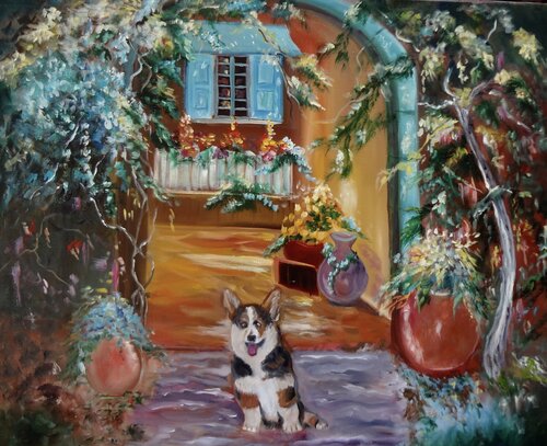Corgi in the Courtyard by Jenny Lee, Painting for Sale on Singulart