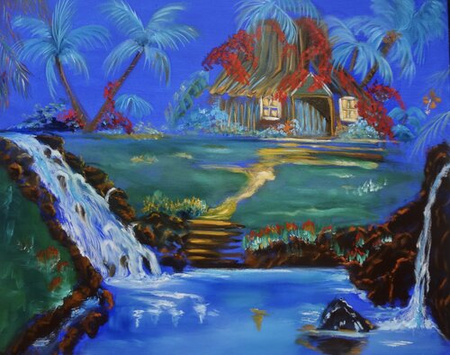 Old Hawaiian Homestead, Cottage in the Woods di Jenny Lee, Pittura in vendita su Singulart