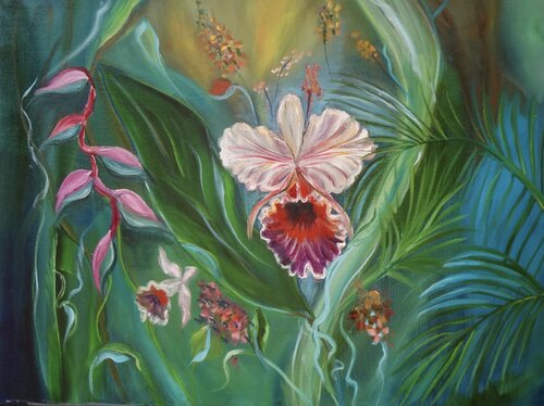 White Orchid and Pink Heliconia di Jenny Lee, Pittura in vendita su Singulart