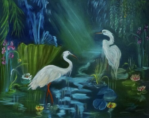 Egrets in the Mist by Jenny Lee, Painting for Sale on Singulart