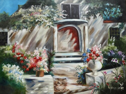 Home Sweet Home, Kitty by the Door de Jenny Lee, Pintura a la venta en Singulart