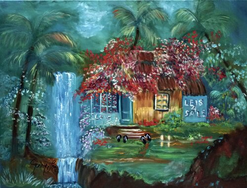 Old Hawaiian Homestead, Leis 4 Sale, Slippers by the Door von Jenny Lee, Malerei kaufen auf Singulart