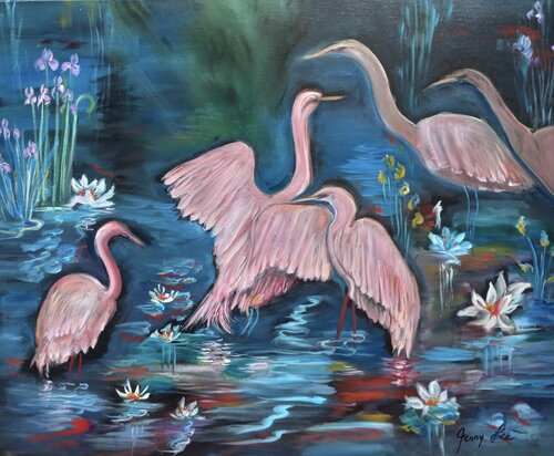 Pink Egrets in the Mist 11 by Jenny Lee, Painting for Sale on Singulart