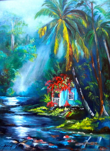 Old Hawaiian Homestea under the Palms von Jenny Lee, Malerei kaufen auf Singulart