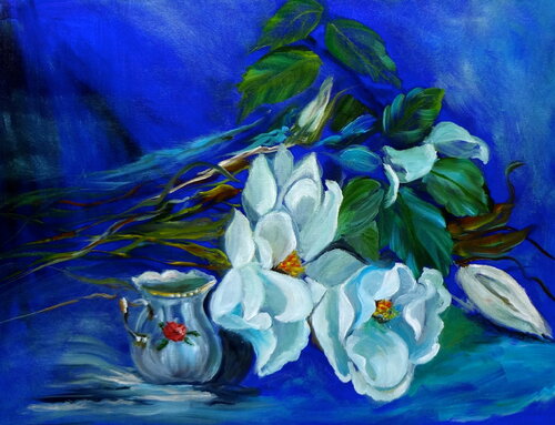 White Magnolia on Blue von Jenny Lee, Malerei kaufen auf Singulart