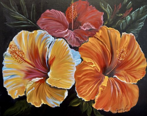 Three Vibrant Hibiscus von Jenny Lee, Malerei kaufen auf Singulart