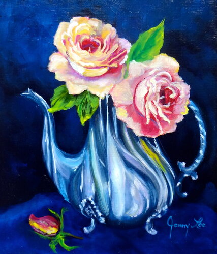 Soft Peach roses in a Silver Pitcher von Jenny Lee, Malerei kaufen auf Singulart