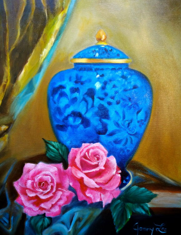Blue Vase Pink Roses. Jenny Lee