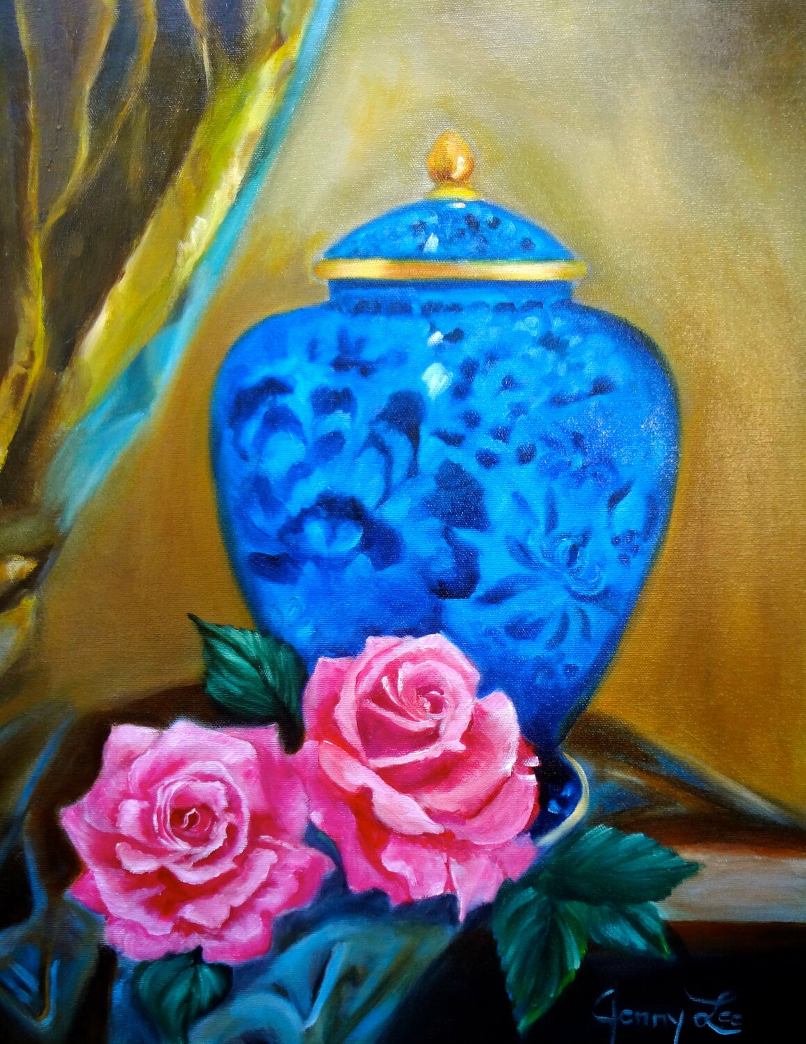 Blue Vase Pink Roses. Jenny Lee
