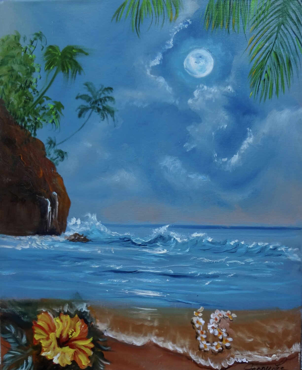 Secret Beach  Plumeria Lei on the Sand Jenny Lee Dipinto originale in vendita