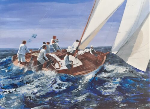 Régate en Méditerranée avec 9 marins van Véronique Degabriel, Schilderij te koop op Singulart