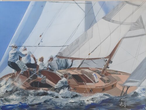 Régate en Méditerranée, voilier avec 7 marins van Véronique Degabriel, Schilderij te koop op Singulart