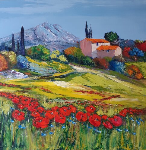 Mas avec vue sur la montagne Sainte Victoire en Provence by Véronique Degabriel, Painting for Sale on Singulart