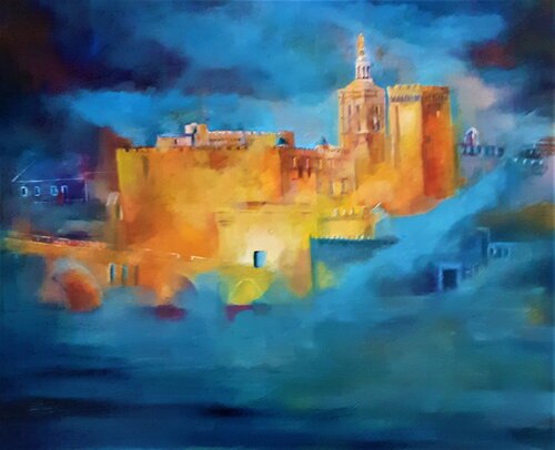 Avignon en rêve coloré, le palais des papes et le pont Saint Bénezet by Véronique Degabriel, Painting for Sale on Singulart