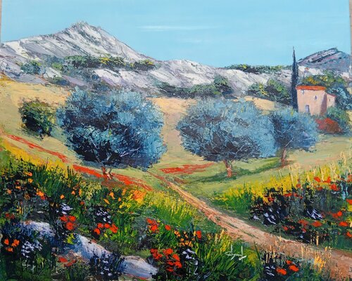 Oliviers dans les Alpilles. Peinture huile Provence di Véronique Degabriel, Pittura in vendita su Singulart