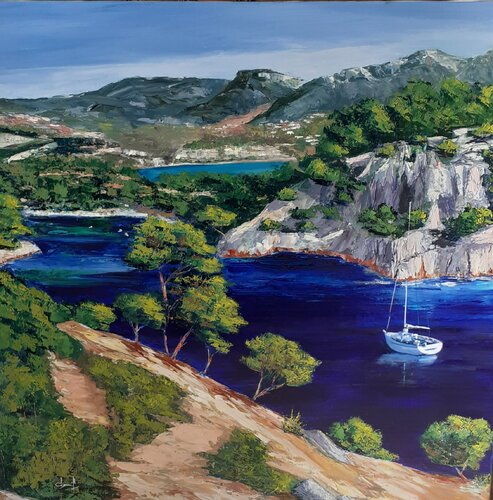 Calanque de Port Miou en Méditerranée près de Marseille. Oil painting Provence sea by Véronique Degabriel, Painting for Sale on Singulart