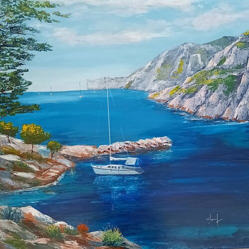Petit port dans les calanques près de Cassis by Véronique Degabriel, Painting for Sale on Singulart
