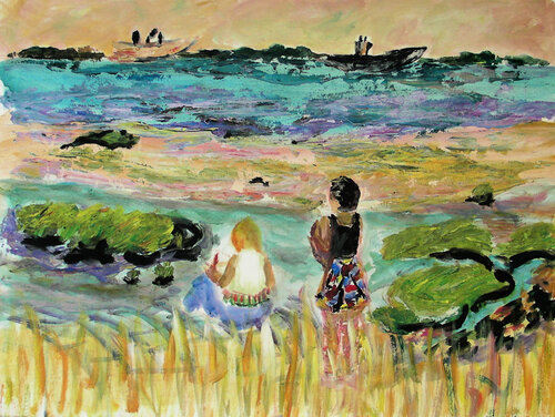Two women on mudflats by Gabriëlla Cleuren, 종이 for Sale on Singulart